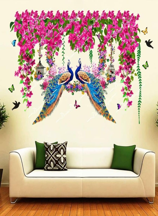 DivineDesigns ملصق حائط ذاتي اللصق من فينيل PVC من DivineDesigns، بتصميم قفص زهور وردية صيفية وفرع طاووس، لتزيين المنزل/غرفة المعيشة (متعدد الألوان). - Image 1
